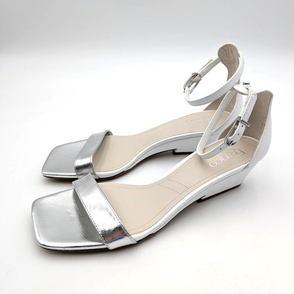Franco Sarto Sadie Wedge Sandals Women's White/Silver Metallic Size US8M EU38.5